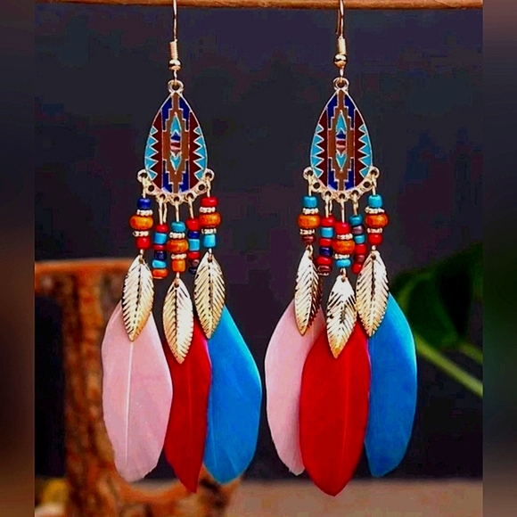 Feather Earrings Bohemian Red Blue Gold Style Hippie Jewelry - Picture 1 of 4